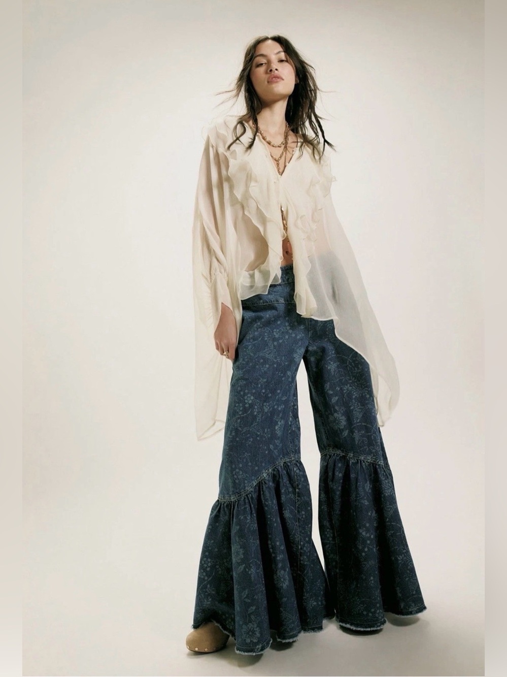 Free People Sunshine Mid Rise Wide Leg Jeans We The Free Smocked Floral Blue Jay